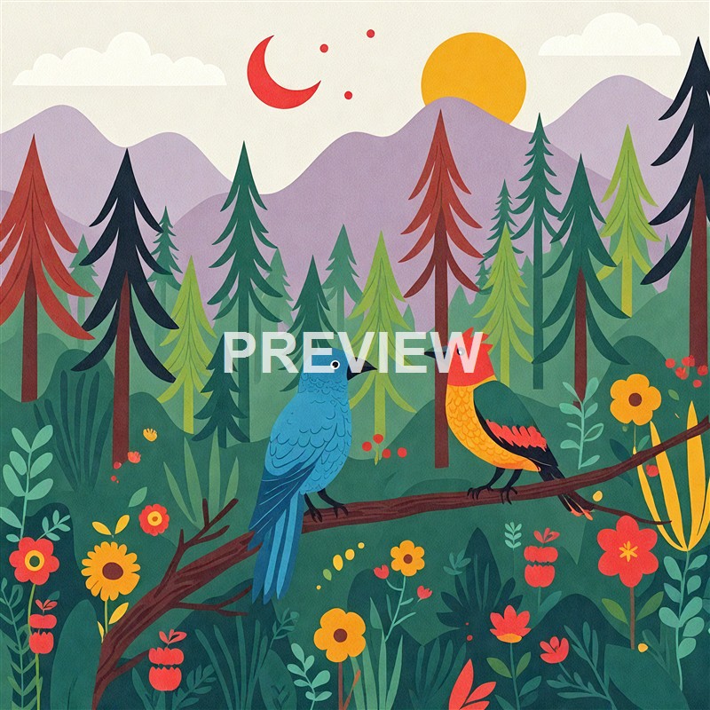 Two colorful birds, one blue and one red with yellow, are perched on a branch amid a lush, flower-filled forest with mountains and a setting sun in the background.
